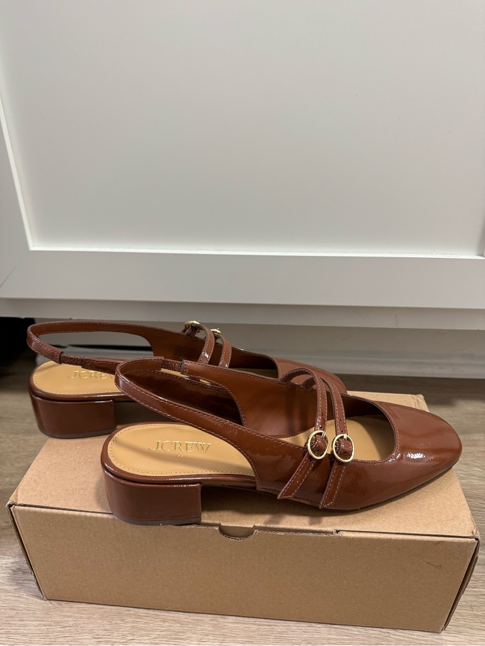 J. Crew Brown Patent Leather Slingback Mules with Gold Buckles